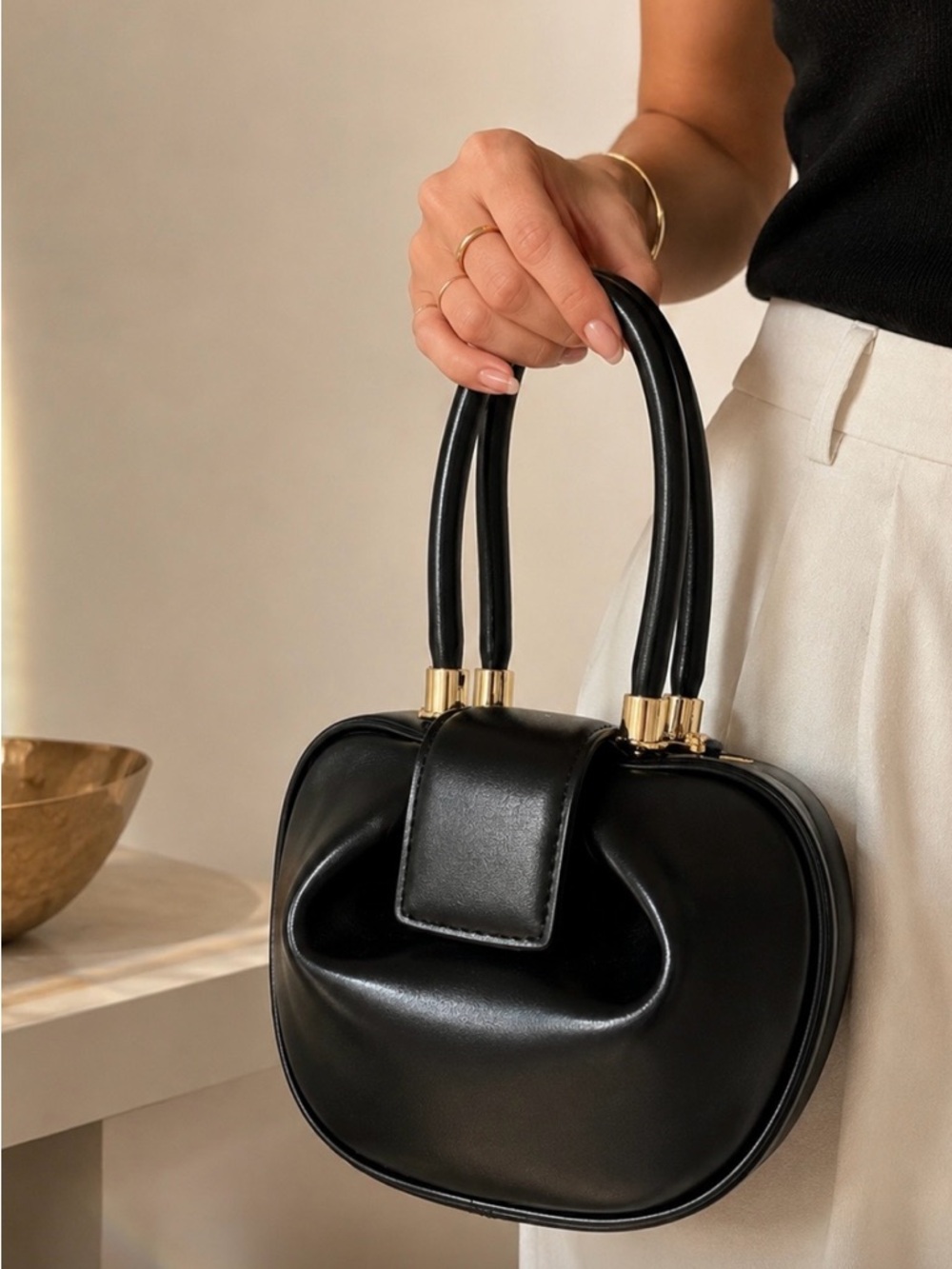 Modern Sculptural Mini Top Handle Bag – Black & Gold Statement Purse
